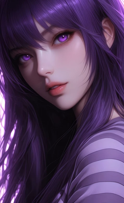 AI绘制紫发紫瞳少女 条纹衣梦幻二次元壁纸