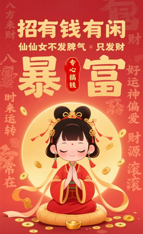 国潮仙仙女暴富招财壁纸 有钱有闲财源滚滚壁纸