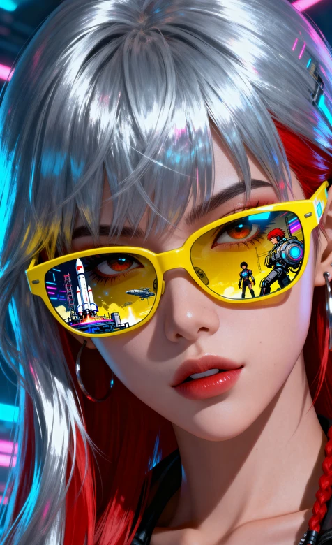 赛博朋克AI少女 银发红发改色黄墨镜科幻壁纸