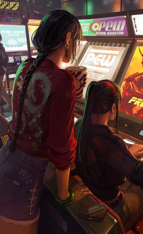 复古电玩城双少女玩街机 潮流街机厅场景壁纸