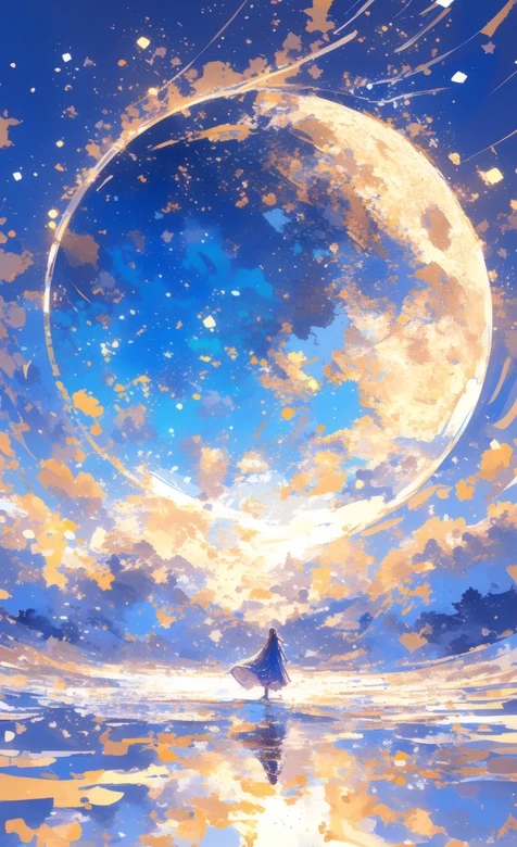 月夜独行者伴满月倒影 梦幻蓝黄系意境壁纸