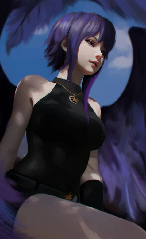 紫发紫羽暗黑系少女 紧身衣壁纸