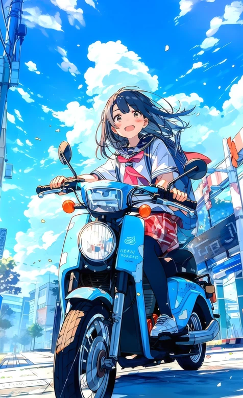 二次元JK少女骑蓝摩托城市街道蓝天壁纸