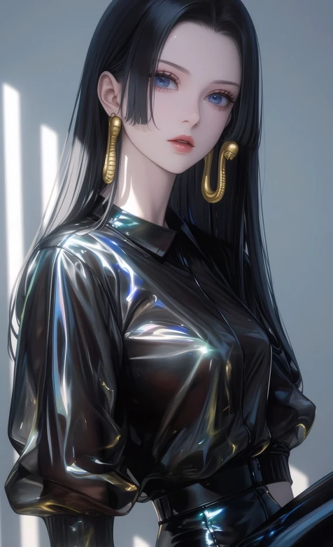 动漫黑长直御姐 蛇形金耳环漆皮装 高冷