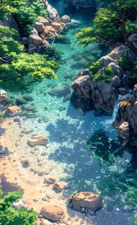 动漫风山间溪流绿树岩石治愈风景壁纸 自然场景