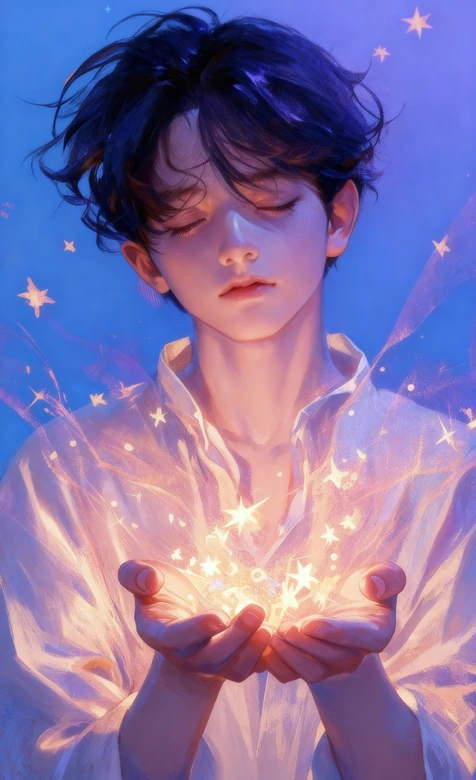 梦幻星光少年捧星AI绘画治愈系唯美壁纸