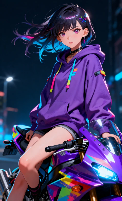 赛博朋克动漫少女坐紫色摩托 二次元机车壁纸