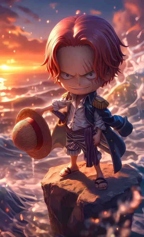 Q版海贼王红发香克斯 夕阳海浪礁石动漫壁纸