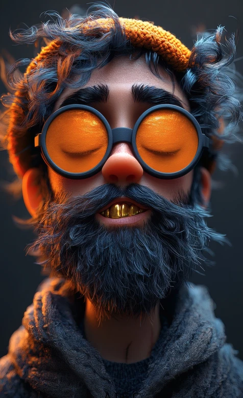 AI卡通蓝发胡须男橙镜金牙毛线帽壁纸 潮酷