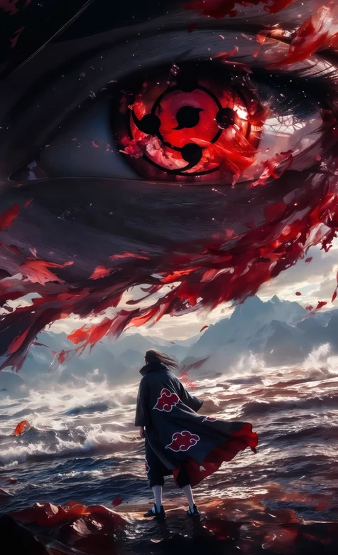 火影忍者宇智波鼬晓袍写轮眼海浪壁纸