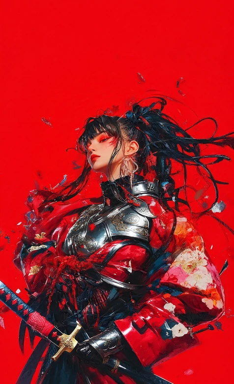 古风红甲女武士持武士刀 国风热血壁纸