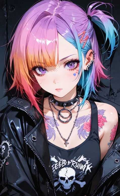 AI朋克彩虹发色少女 纹身皮衣潮流壁纸