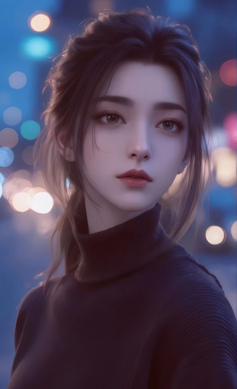 AI都市夜景清冷少女 黑毛衣氛围感女生壁纸