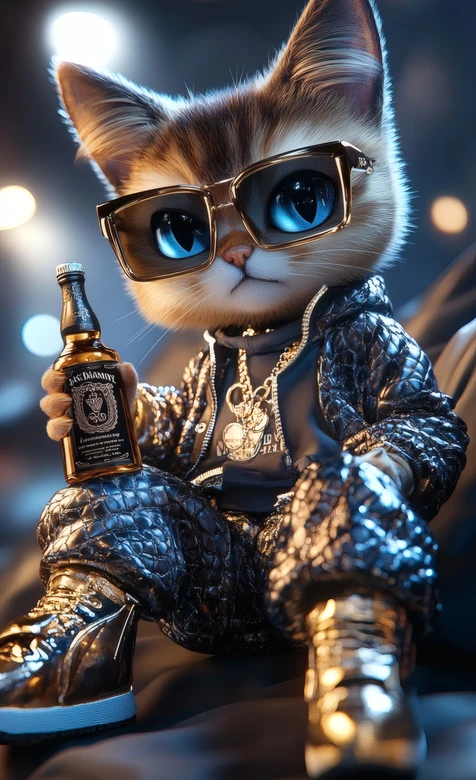潮酷嘻哈AI猫咪 墨镜潮服拿酒潮流壁纸