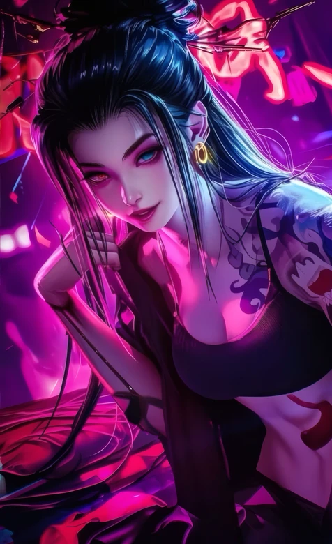 赛博朋克古风异色瞳纹身少女 暗黑霓虹壁纸