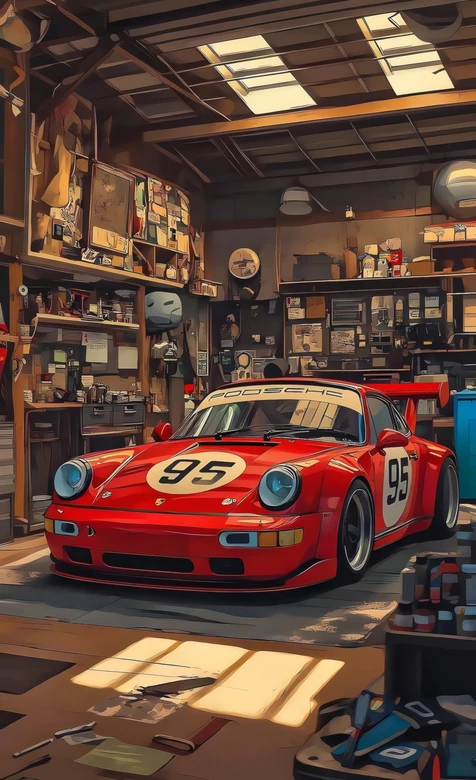 红色95号赛车 车库工作室 赛车改装主题壁纸
