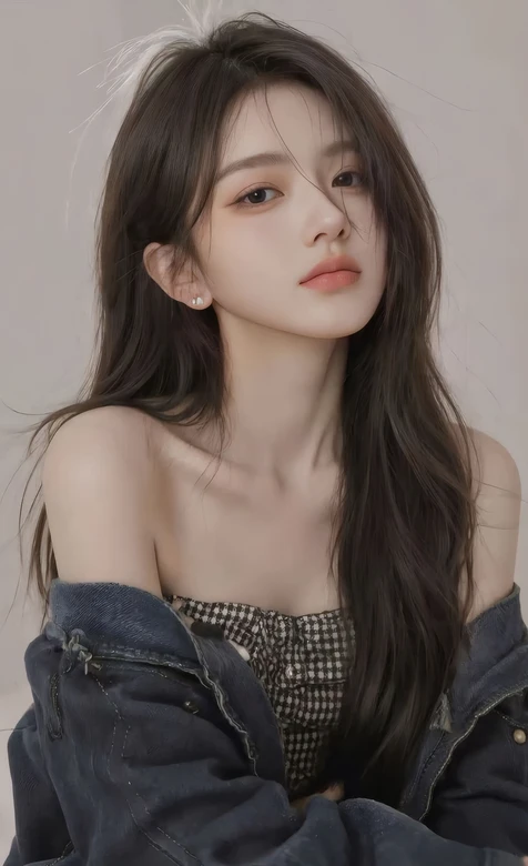 清冷长发女生牛仔外套格纹抹胸壁纸 ins风写真