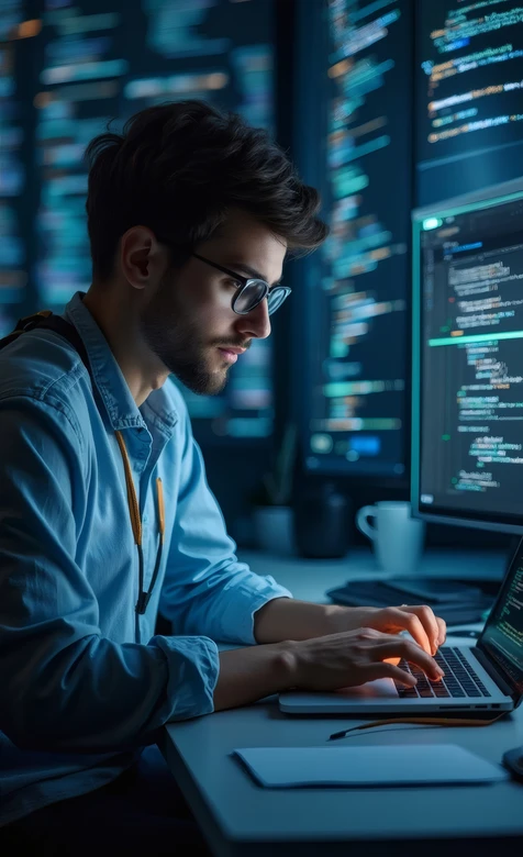 程序员专注编程代码界面 科技感蓝调工作场景壁纸