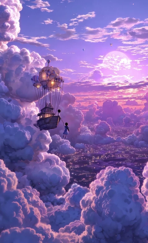 AI绘梦幻云海热气球船 紫粉天空角色冒险壁纸