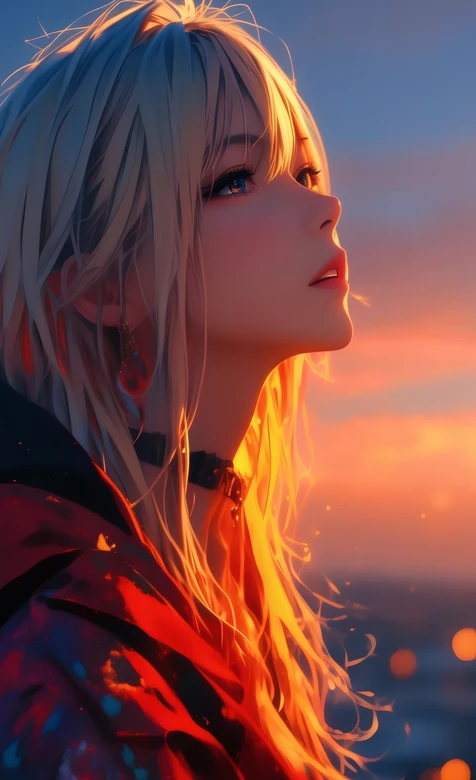 二次元金发少女日落光影壁纸 动漫少女氛围感壁纸