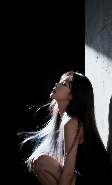 光影长发少女暗黑风蹲姿壁纸 清冷氛围感壁纸