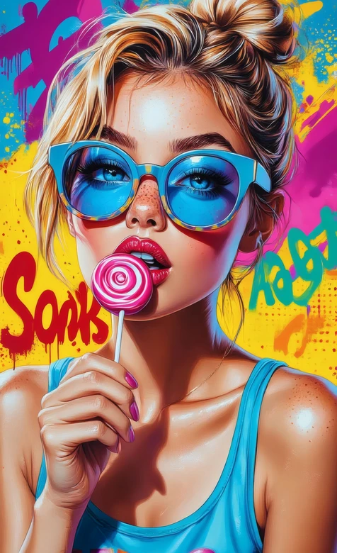 炫彩涂鸦金发少女蓝墨镜棒棒糖潮流壁纸