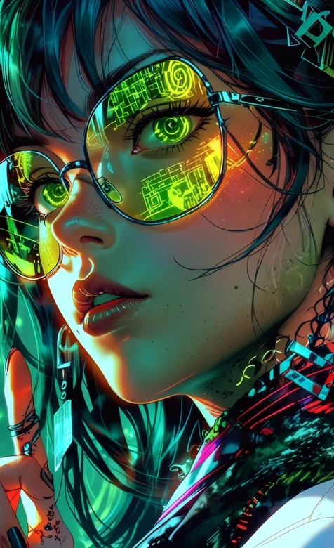 赛博朋克少女荧光绿科技眼镜壁纸 霓虹机械风