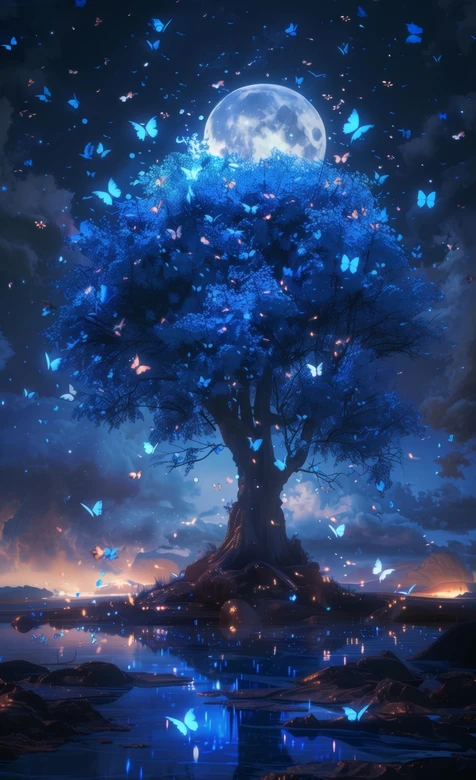 月夜蓝树蝴蝶梦幻夜景壁纸 星空意境背景