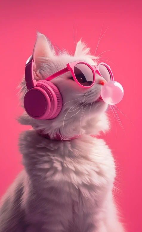 可爱白猫戴粉耳机墨镜吹泡泡糖 潮流萌宠壁纸