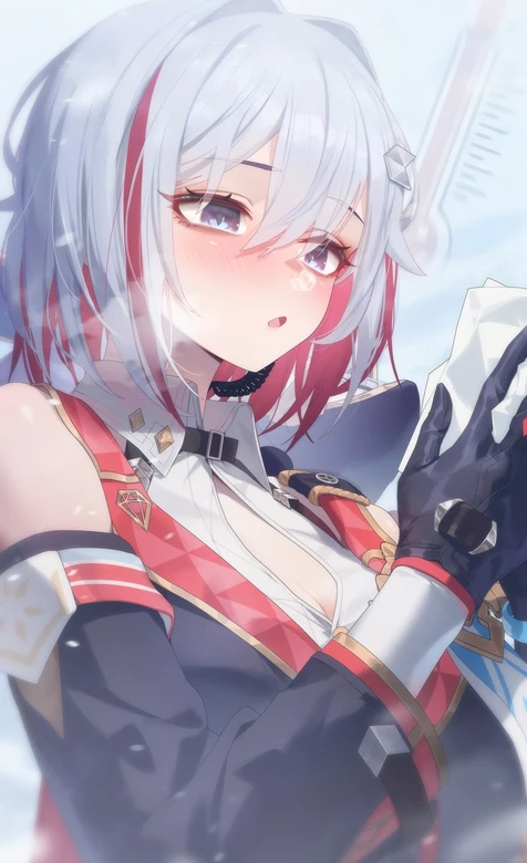 白发红挑染二次元少女 冬日飘雪壁纸