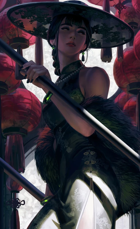 国风旗袍美人 红灯笼环绕 毛领大檐帽古风壁纸-wlop