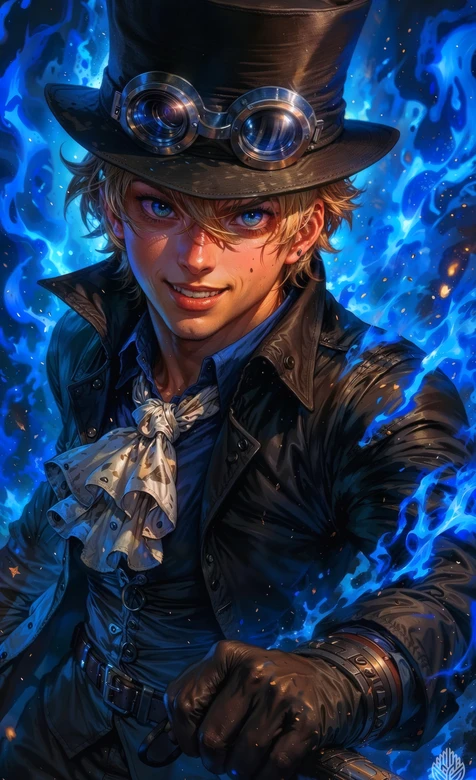 海贼王萨博 蒸汽朋克风蓝色火焰酷炫角色壁纸