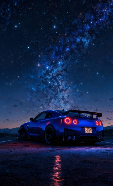 蓝色日产GT-R 星空公路夜景超跑壁纸