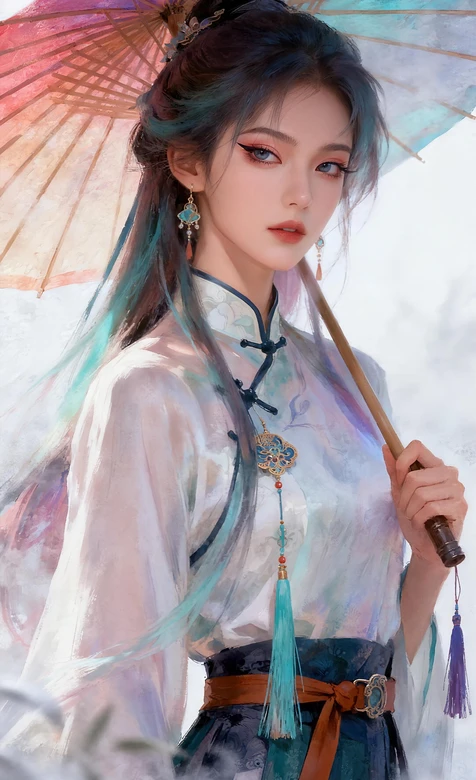 古风蓝发女子汉服油纸伞唯美国风壁纸