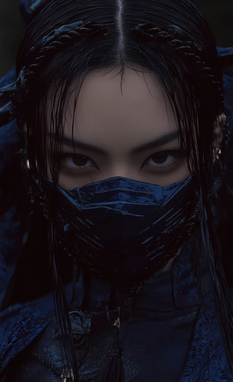 暗黑古风蒙面少女 武侠风深蓝色造型壁纸
