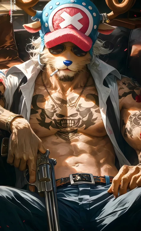 海贼王乔巴潮酷黑帮风 肌肉纹身左轮枪壁纸