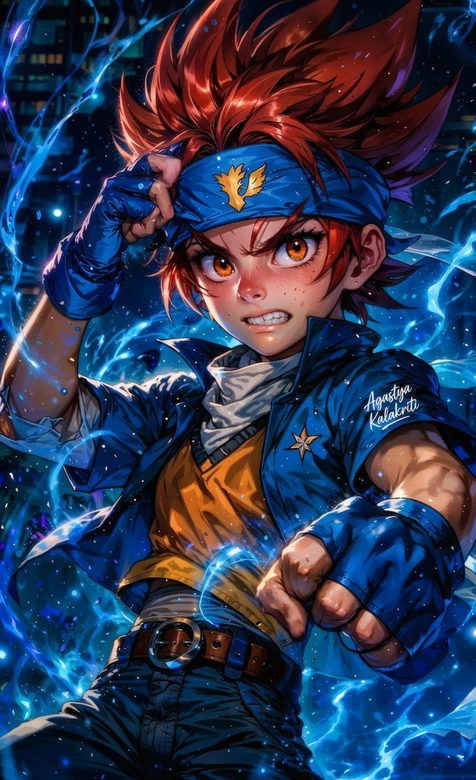 热血红发少年 蓝色电光战斗风动漫壁纸