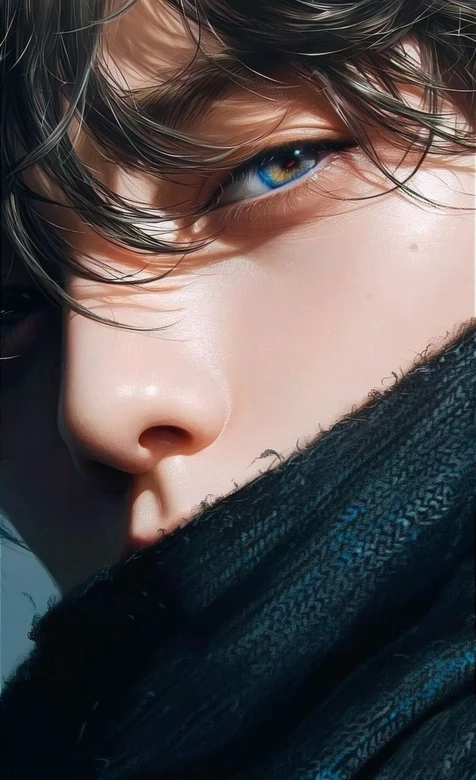 二次元动漫美男蓝眼卷发深色围巾 高清壁纸