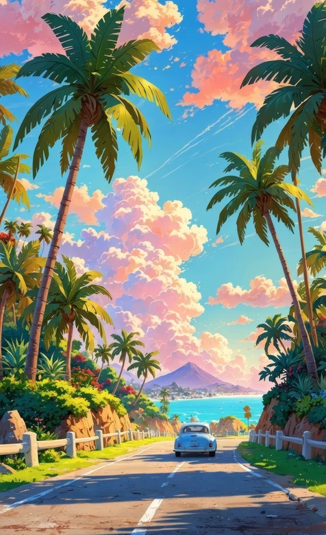 热带公路复古车棕榈树海景壁纸 夏日度假风