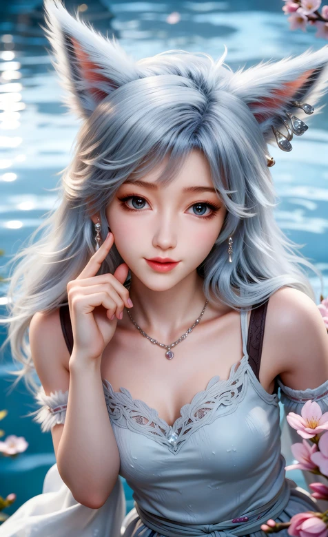 凡人修仙传》里的银月银发狐耳少女 水边粉樱 蕾丝裙 梦幻壁纸