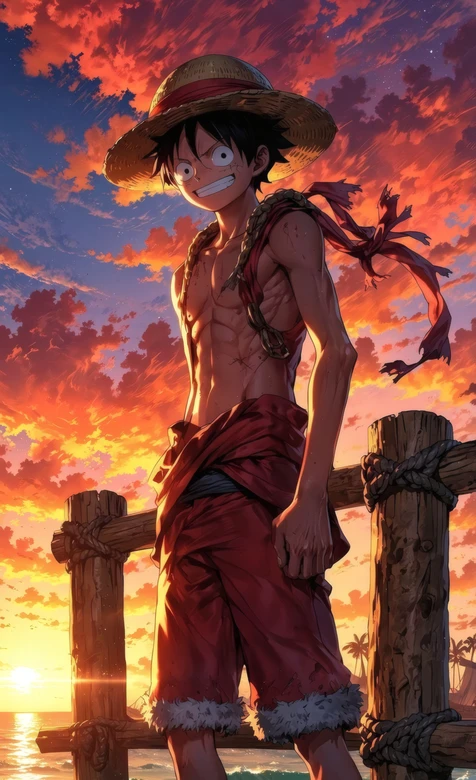 海贼王路飞日落海边帅气站姿壁纸 热血动漫壁纸