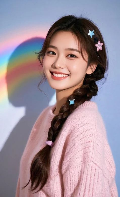 甜美麻花辫女生（粉毛衣+星发饰）彩虹背景壁纸