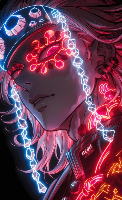 赛博朋克《鬼灭之刃》里的宇髄天元霓虹风人物 发光装饰科技感形象