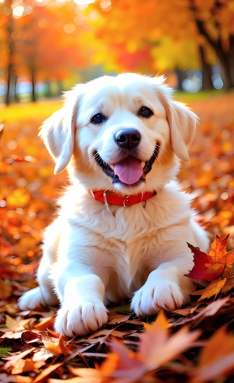金毛幼犬秋季落叶中微笑 治愈系秋景壁纸