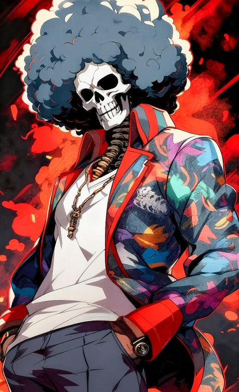 海贼王布鲁克骷髅爆炸头潮酷彩色外套热血二次元