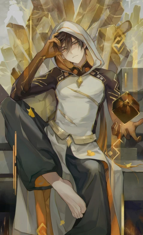 原神钟离（岩神）华丽古风坐姿壁纸 金色晶体背景