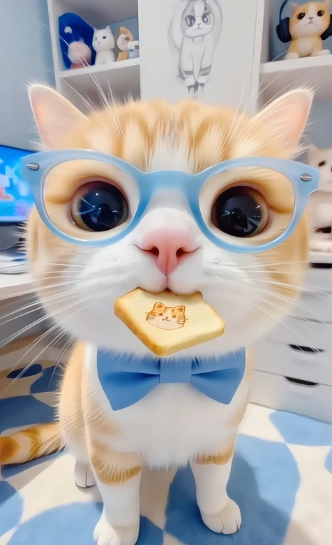 可爱橘白猫咪戴蓝眼镜领结叼饼干 治愈桌面背景