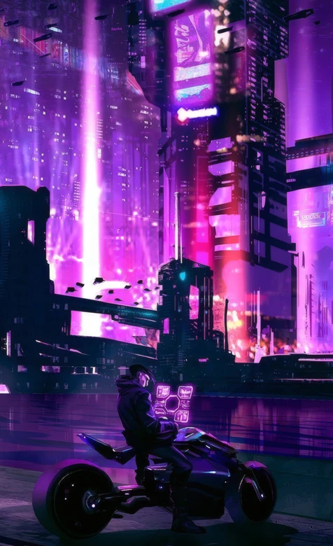 赛博朋克未来都市骑手科幻摩托夜景壁纸 霓虹城市