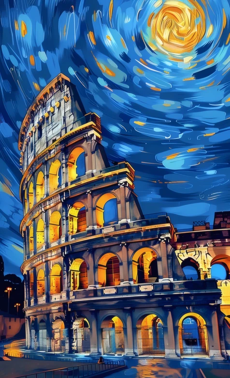 梵高风格罗马斗兽场夜景 艺术建筑壁纸