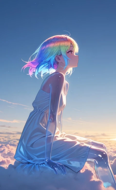 彩虹发少女云端眺望 梦幻二次元唯美壁纸